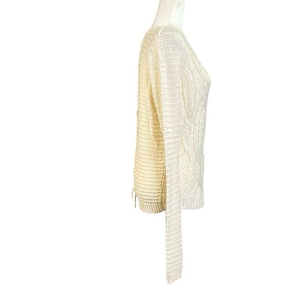 Cream Cable Knit Sweater L Women Soft Textured Pullover Lace Up Back Winter Chic - Picture 3 of 6